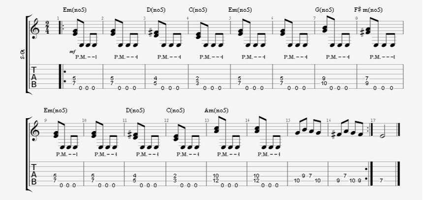 Diad Guitar Chords with Palm Muted Open E String